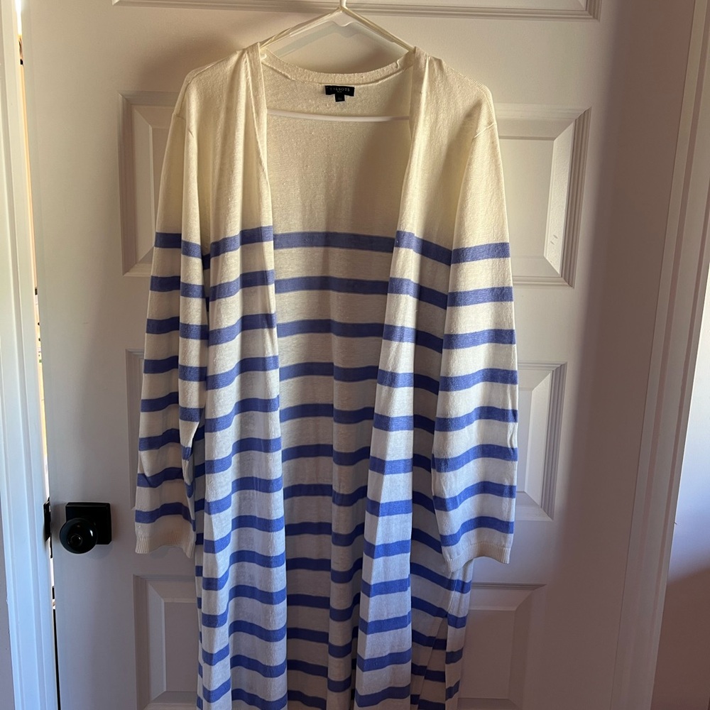 Talbots Cream and Blue Striped Open-Front Cardigan